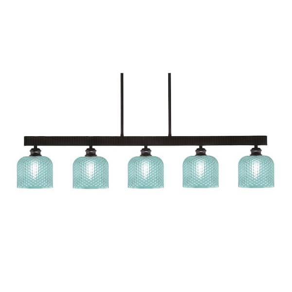 Unbranded Albany 60-Watt 5-Light Espresso Linear Pendant Light with Turquoise Textured Glass Shades and No Bulbs Included