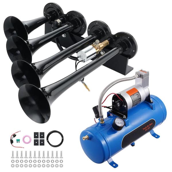 Train Horns Kit, 4 Trumpet Air Horn Kit, 150 dB. Train Horns for Pickup Trucks, 12-Volt Air Compressor 1.6 Gal. Tank