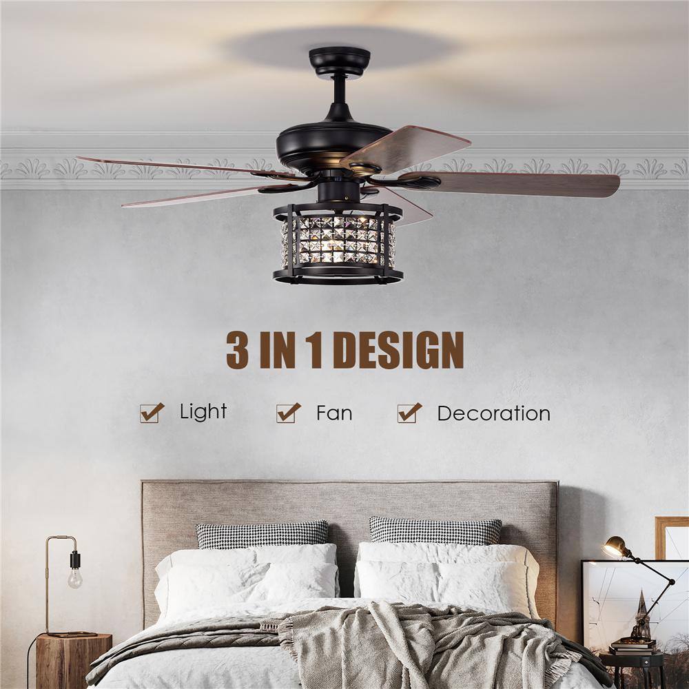 52'' Black Crystal Chandelier Ceiling Fan with Remote Control