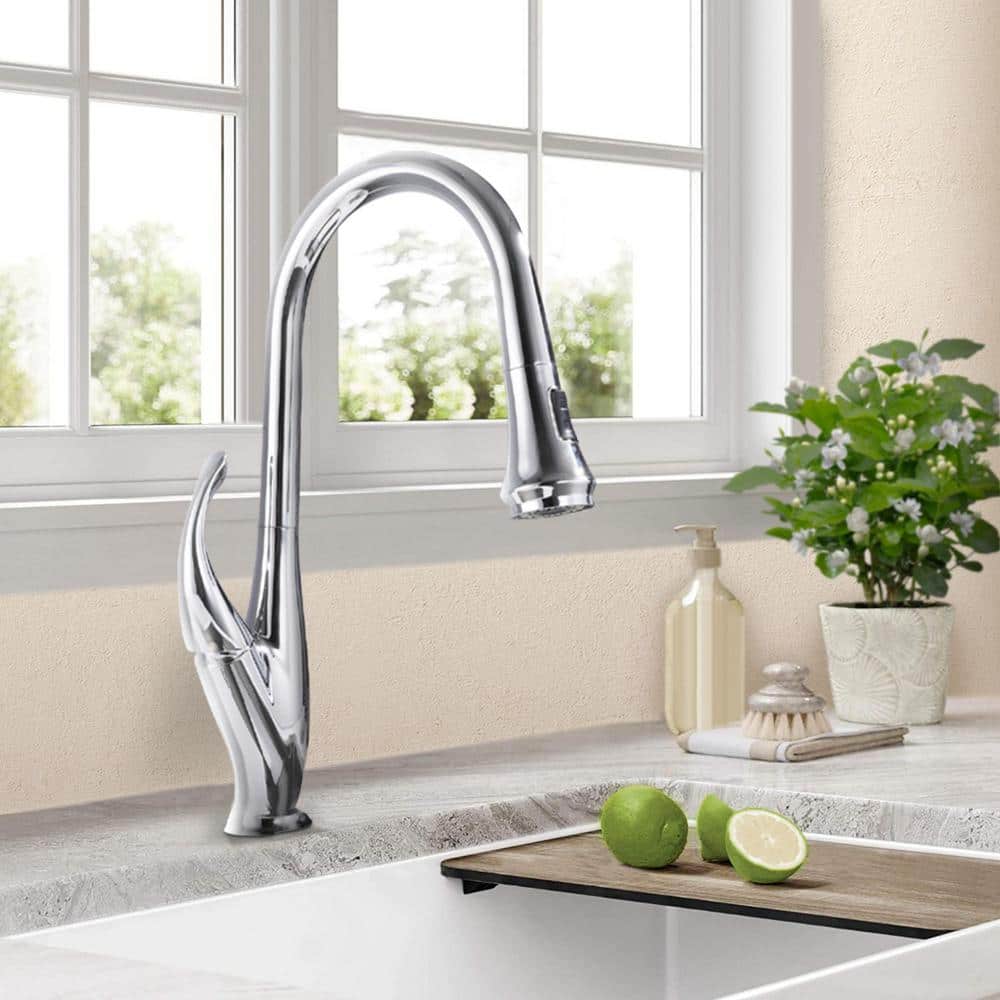 Satico High-arch Gooseneck Single Handle Pull Down Sprayer Kitchen Faucet in Chrome, Grey