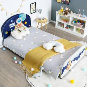 Blue Kids Upholstered Platform Bed Children Twin Size Wooden Bed Astronaut Pattern