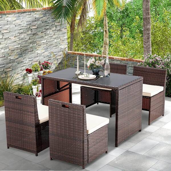 Zeus Ruta 5 Piece Wicker Outdoor Dining Set Patio Furniture Conversation Set with Glass Table and Seat Beige Cushions for Garden BCFG 111