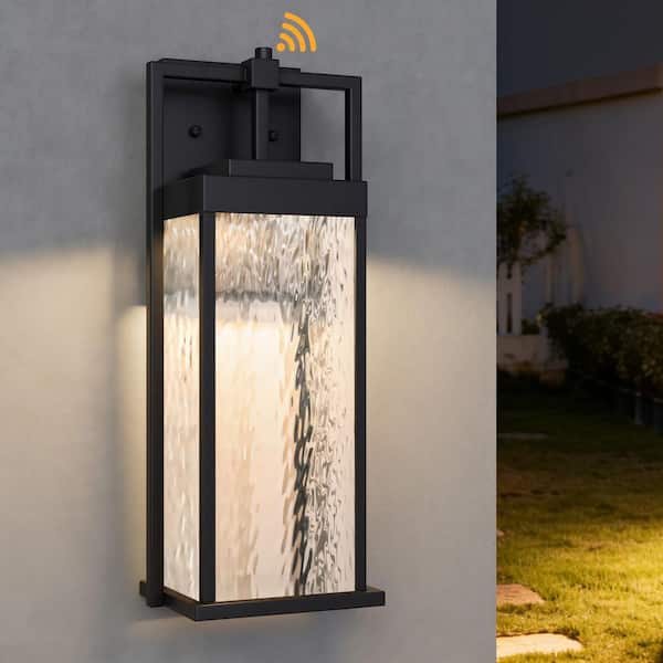 18 in. Black Dusk to Dawn LED Outdoor Hardwired Wall Lantern Sconces With Clear Water Ripple Glass