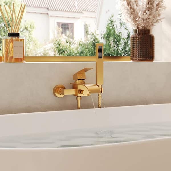 Single Handle Wall Mount Waterfall Roman Tub Faucet with Hand Shower in Brushed Gold (Valve Included)