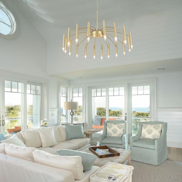 18-Light Spray Gold Modern Linear Candle Chandelier for Dinning Room with No Bulbs Included