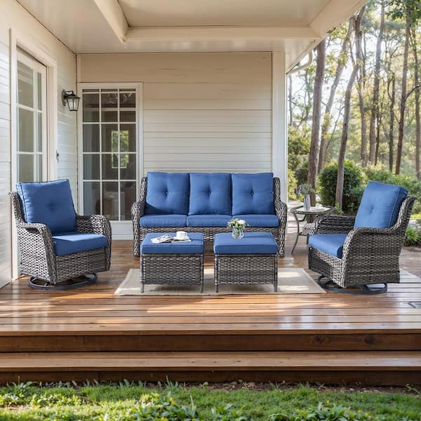 6-Piece Gray Wicker Patio Conversation Set with Olefin Blue Cushions and Swivel Glider Chairs/Couch