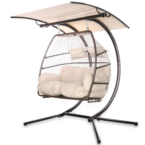 Barton 2-Person Swing Hanging Egg Rattan Chair Outdoor Patio Hammock w/  Beige Cushions & Adjustable Canopy 93917 - The Home Depot