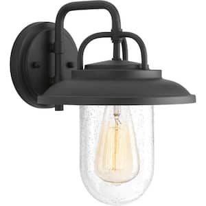 Beaufort Collection 1-Light Textured Black Clear Seeded Glass Farmhouse Outdoor Small Wall Lantern Light