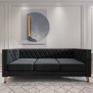 80.5 in Wide Square Arm Velvet Modern Straight Sofa in Black