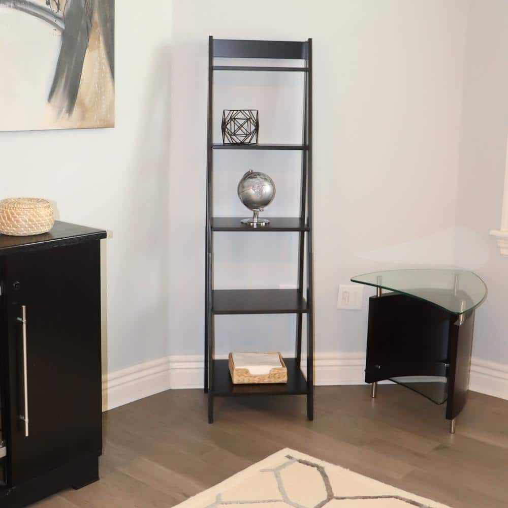 Sleek Black Solid Wood 5-Shelf Freestanding Ladder Bookcase