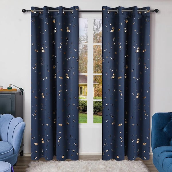 Pro Space 52 in. x 63 in. Navy Blue Gold Print Geometric Dot Pattern Blackout Indoor Curtains (2 Panels)