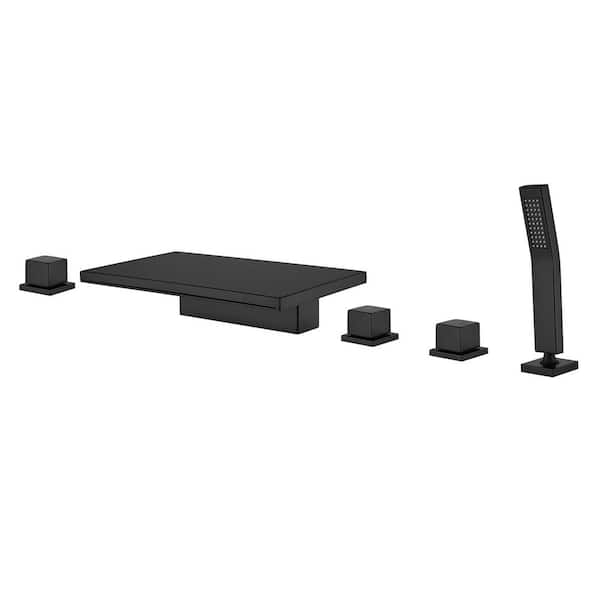 3-Handle Deck Mount Waterfall Roman Tub Faucet with Hand Shower 5 Holes Brass Bathtub Filler with Sprayer in Matte Black