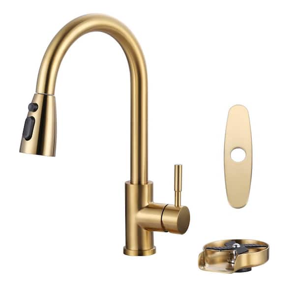 AVITAS Stainless Steel Single Handle Pull Down Sprayer Kitchen Faucet with 3-Modes Sprayer and Glass Rinse in Brushed Gold