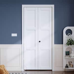 36 in. x 80 in. 3-Lite Panel White Finshed Solid Core Wood Interior Bi-Fold Door with Hardware