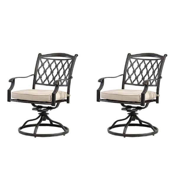 Mondawe Cast Aluminum Outdoor Diamond-Mesh Arcuated Backrest Swivel Dining Chairs with Beige Cushions (Set of 2)