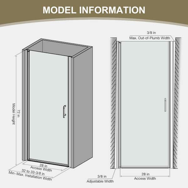32 to 33-3/8 in. W x 72 in. H Pivot Frameless Swing Corner Shower Panel with Shower Door in Chrome with Clear Glass
