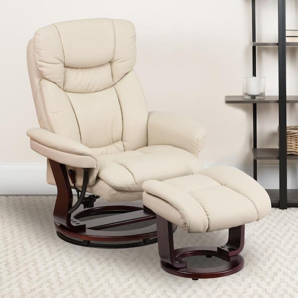 Contemporary Beige Leather Recliner and Ottoman with Swiveling Mahogany Wood 