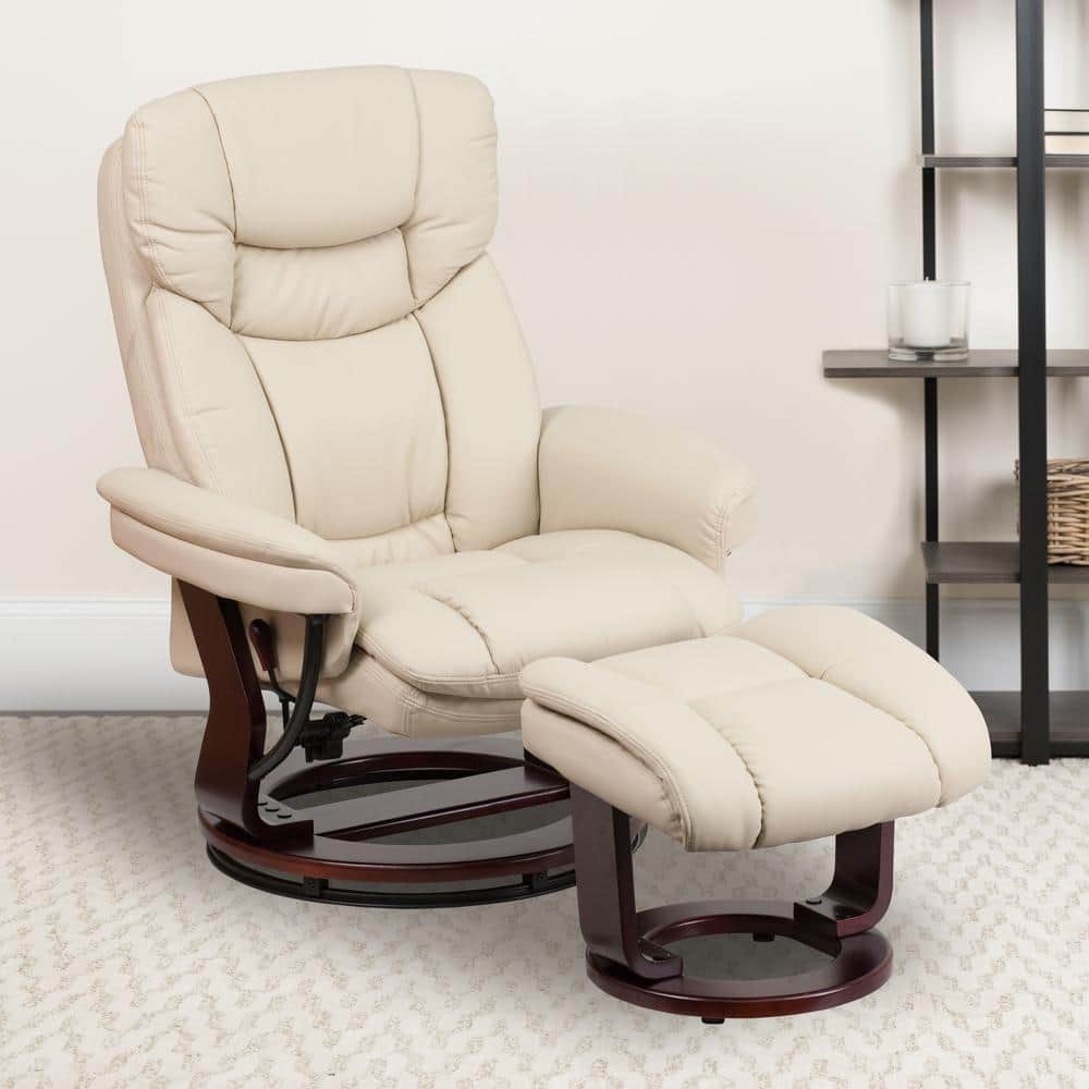 Beige Faux Leather Swivel Recliner with Mahogany Wood Base and Ottoman
