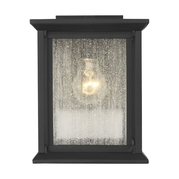 Generation Lighting - Audley 10 in. Textured Black with Distressed Seeded Glass Panels Outdoor Hardwired Lantern Sconce with No Bulbs Included