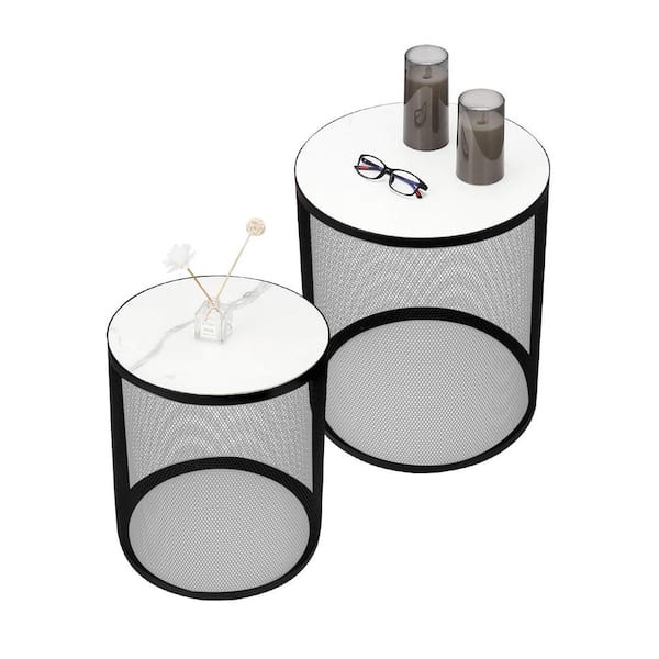 Zeus & Ruta Set of 2 Nesting Metal Round Coffee Table, Side Table MDF Top Nightstand for Indoor Multifunctional Use