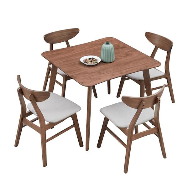 Tatayosi Walnut Wooden Indoor Outdoor Square Dining Table Set with White Soft Cushion for Dining Room, Kitchen, Patio
