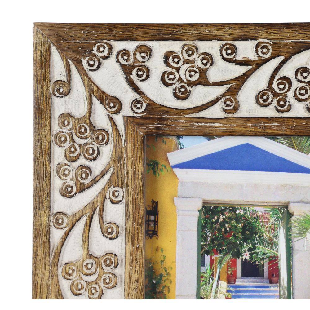 Hand-Carved White and Brown Wood 5x7 Photo Frame