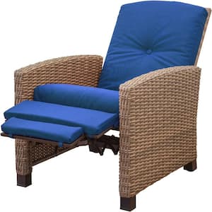 Brown Wicker All-Weather Outdoor Recliner with Blue Cushions