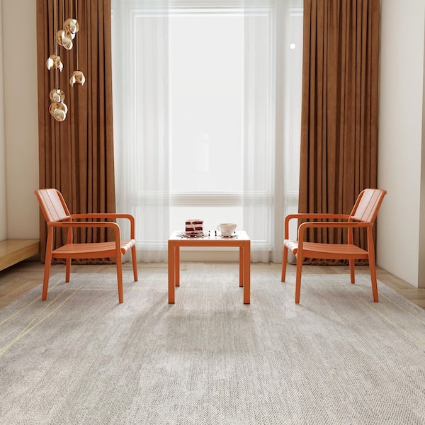 Outdoor 3-Piece Plastic Single-Seater Chairs + Coffee Table Set in Apricot Brown