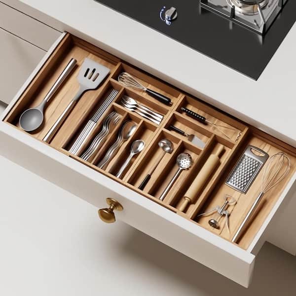 13-Slot Magnetic Silverware Organizer, 21 to 37.4 in. Expandable Flatware and Cutlery Holder, Utensil Tray, Brown