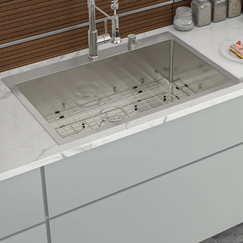 33 in. Drop-in Single Bowl 16-Gauge Brushed Nickel Stainless Steel Kitchen 
