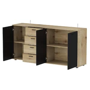 Burly Wood Color and Black 32.6 in. H Rectangle Wooden Storage Cabinet, Sideboard, Dresser with 4-Drawer and 4-Shelf