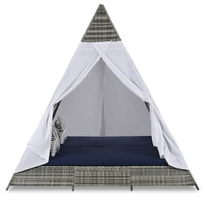 90.5 in. Tent Shape Gray Wicker Outdoor Day Bed with Blue Cushions