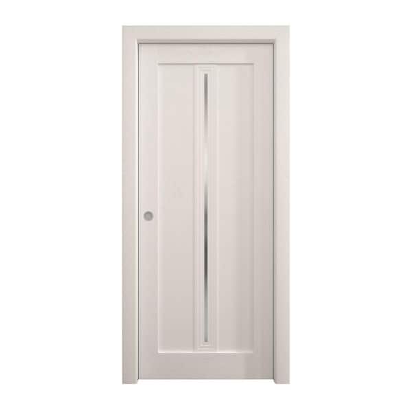 Sartodoors 42 in. x 96 in. Frosted Glass Painted White Oak Solid Wood Pocket Door With Hardware