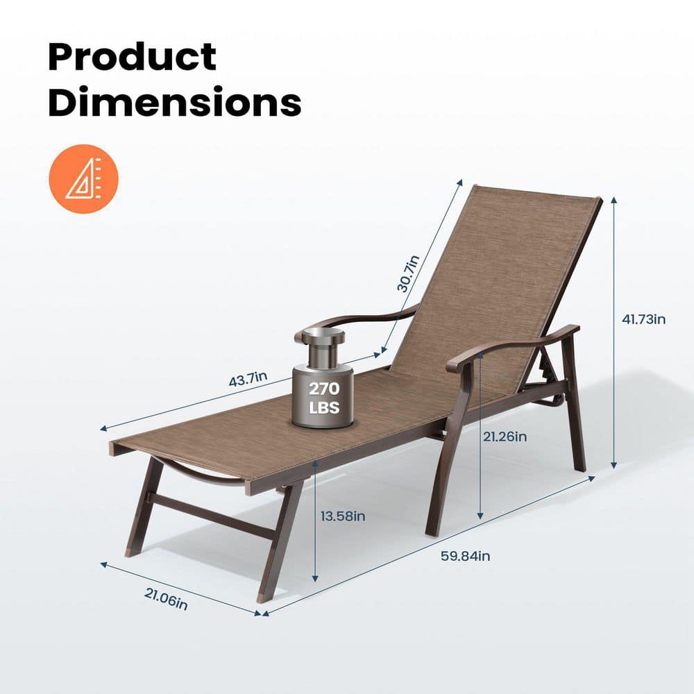 Brown Aluminum Adjustable Outdoor Chaise Lounge with Arms