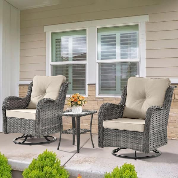 Gray 3-Piece Wicker Patio Conversation Set with All-Weather Swivel Rocking Chairs Beige Cushions
