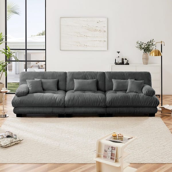 Ronald 133.8 in. Chenille Upholstered Rectangle Sectional Sofa in. Gray with 2 Lumbar Pillows, 2 Throw Pillows