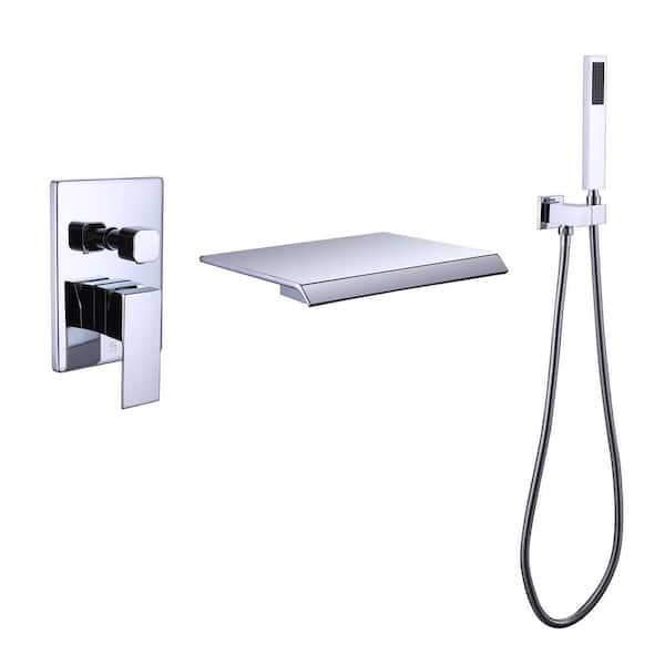AIMADI Single-Handle Wall-Mount Roman Tub Faucet with Hand Shower 3-Hole Waterfall Brass Bathtub Fillers in. Polished Chrome
