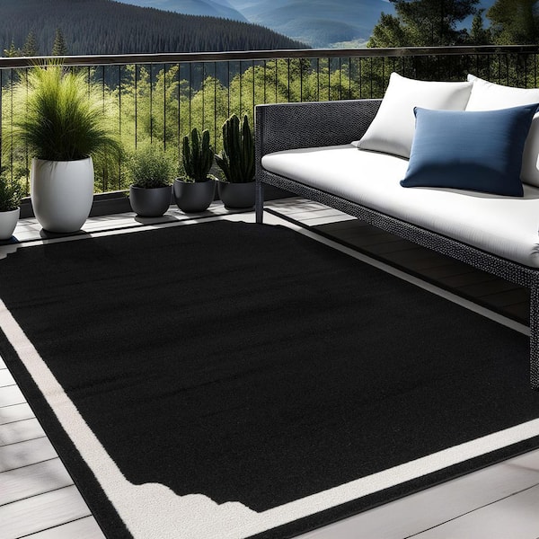 Hera Black 6 ft. x 9 ft. Rubber Back Washable Corner Bordered Indoor Outdoor Patio Area Rug