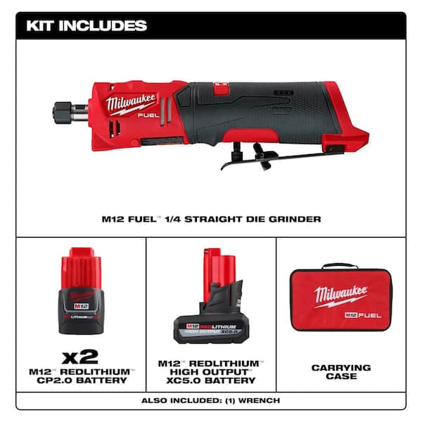 M12 FUEL 12V Lithium-Ion Brushless Cordless 1/4 in Straight Die Grinder Kit w/(2) 2.0Ah Batteries and (1) 5.0Ah Battery