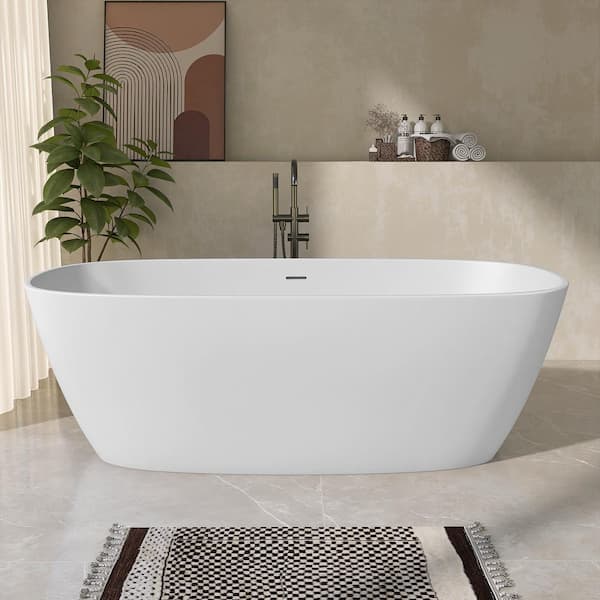 Getpro 63 in. x 33 in. Solid Surface Soaking Bathtub with Center Drain Free Standing Flat Bottom Artificial Stone Tub in White
