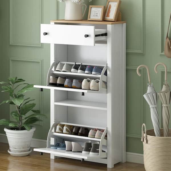 47.2 in. H x 23.6 in. W White Shoe Storage Cabinet, Entryway Organizer with 2-Flip Drawers, Adjustable Panel