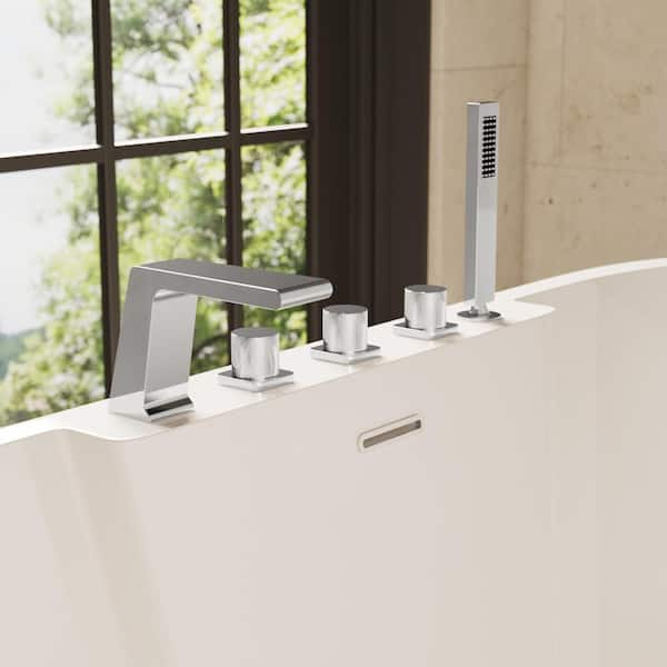 GRANDJOY Bathtub Faucet 3-Handle Deck Mount Roman Tub Faucet with Handheld in Chrome Valve Included