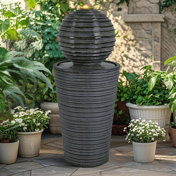 31.5 in. H Tall Striped Concrete Column Striped Urn Fountain-LED Light, Shadow Ambiance Maker for Modern Outdoor Spaces