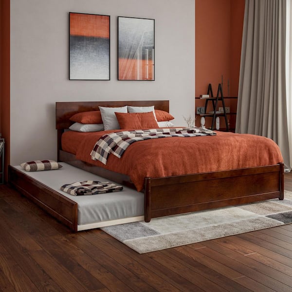 Wesley Walnut Brown Solid Wood Frame Full Platform Bed with Panel Footboard and Twin Trundle