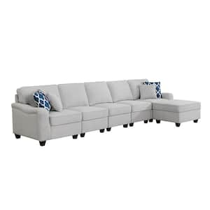 145 in. W Linen 6-Seater Linen Sofa with Ottoman in Light Gray