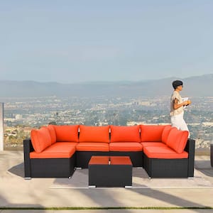 7-Piece Wicker Outdoor Sectional Set with Orange Cushion