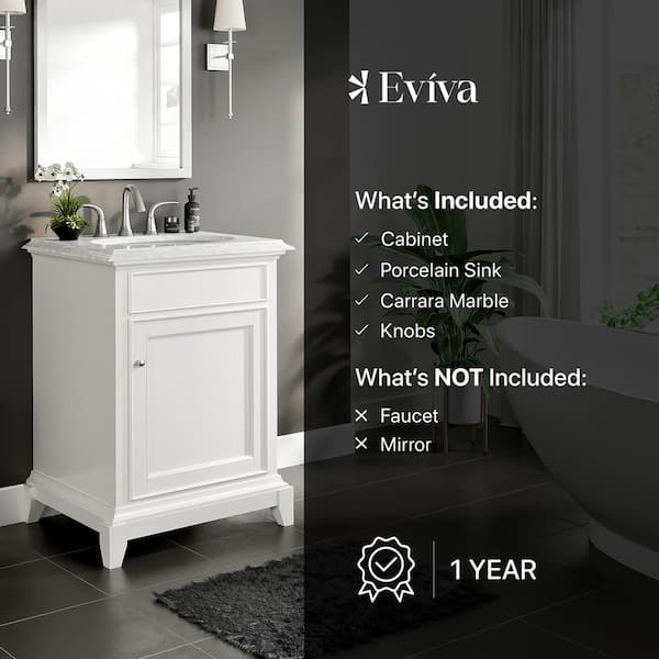 Eviva Elitist 24 in. W x 22 in. D x 34 in. H Freestanding Single Sink Bath Vanity in White with White Carrara MarbleTop