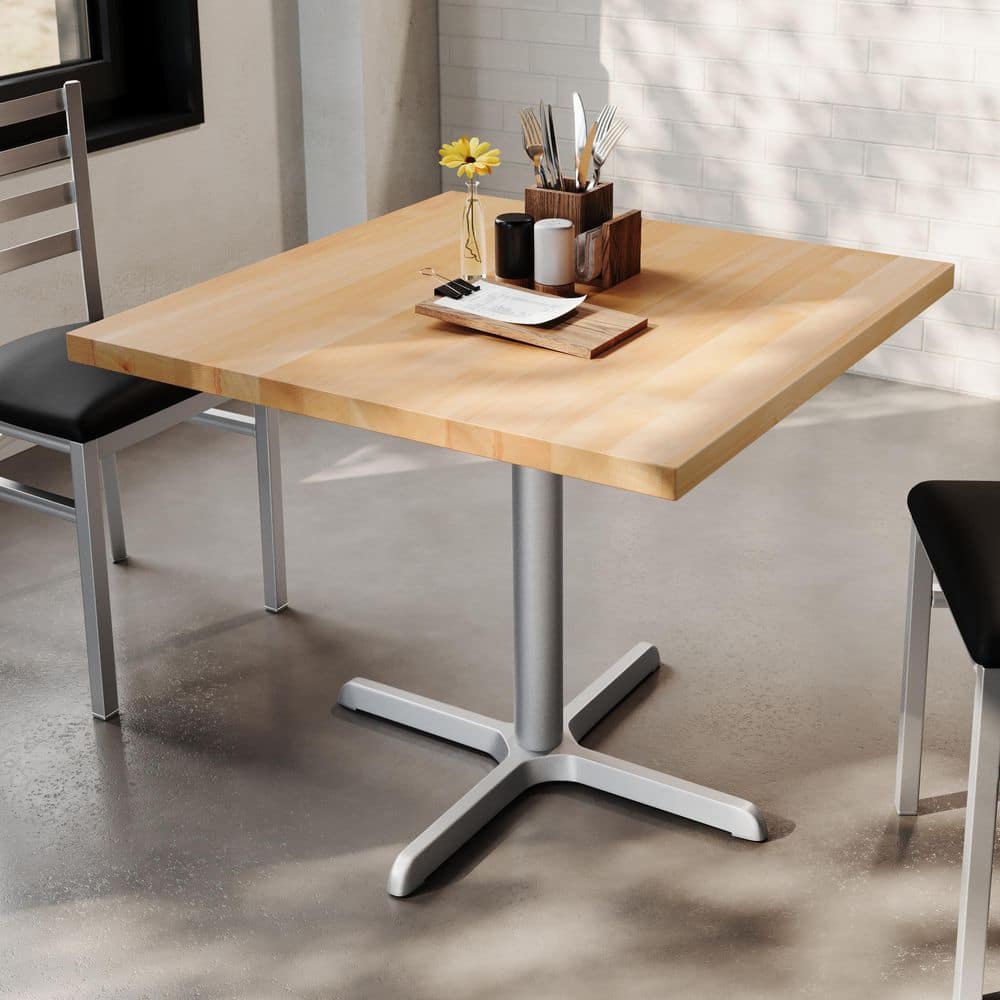 Bennett Contemporary Natural Top/Silver Base Wood 36 in. Cast Iron Rust-Resistant Trestle Base Dining Table Seats 4