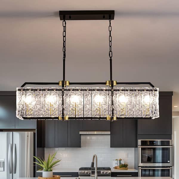 WDETR 39 in. Modern 6-Light Rectangle Black Crystal Chandelier for