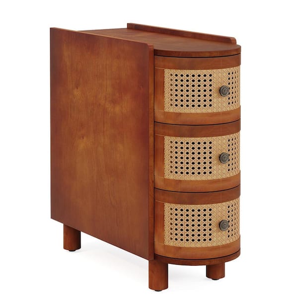 BYBLIGHT Kerlin 23.62 in. Walnut and Oak U-Shaped Solid Wood Side Table Cabinet Nightstand with Rattan 3-Drawer (Installed)